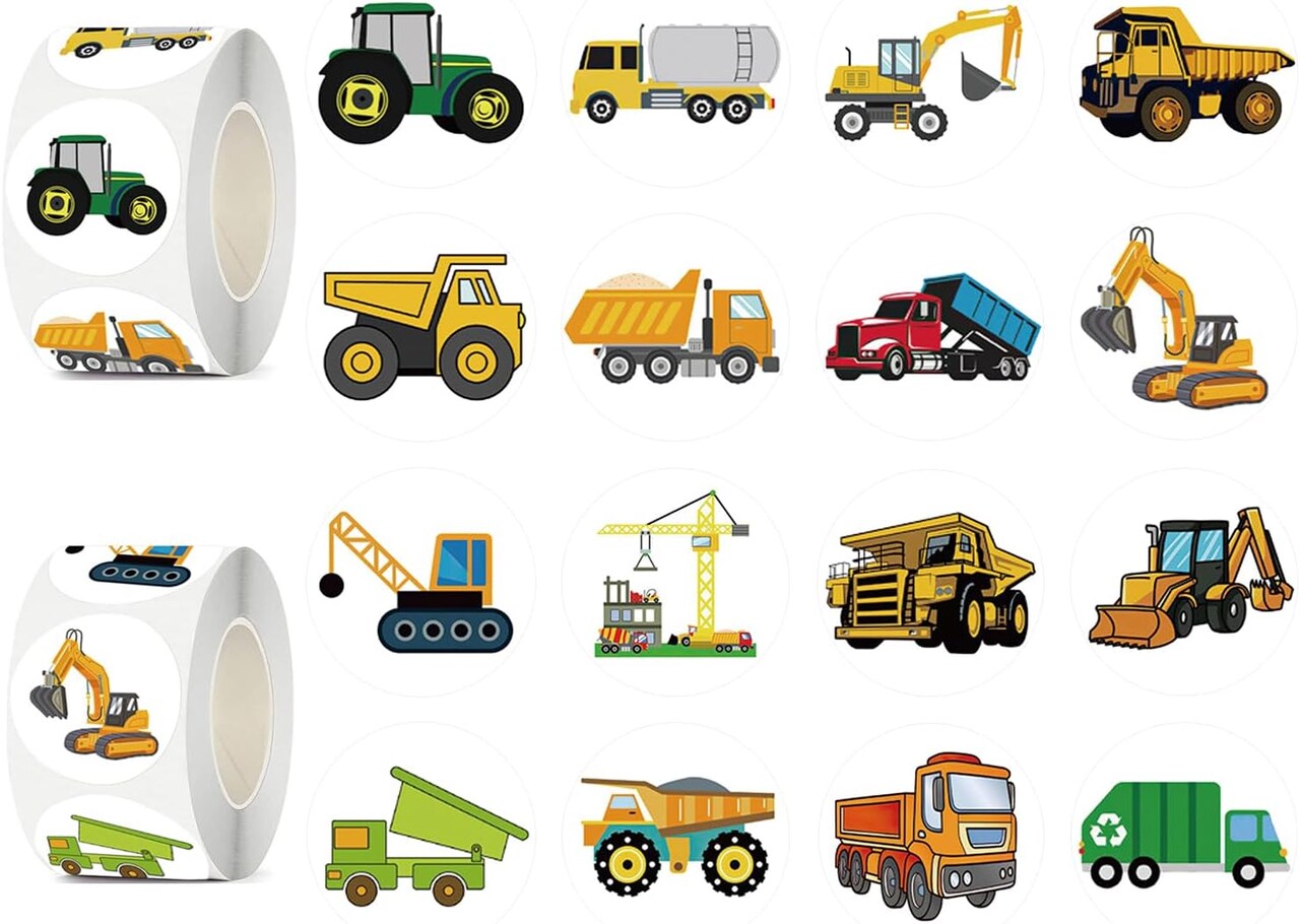 1000 PCS Cartoon Truck Car Stickers Roll for Kids- Round 1.5 Inch 16 Styles Cars Kindergarten Teacher Stickers Kids Birthday Party School Reward Giveaways